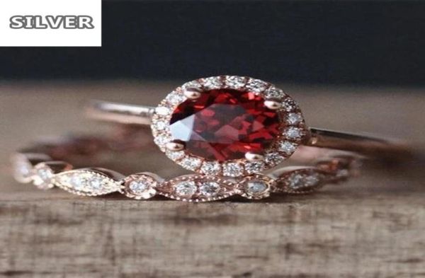 Super rubis or Rose bague de luxe ensemble anneaux de pierre rouge pour les femmes de mariage cristal Bague Femme Anillos Mujer argent 925 bijoux65658115273757