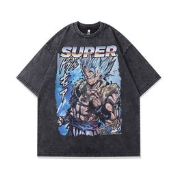 Super Saiya Vintage Washed Streetwer Anime surdimensionné Hip-pop Cartoon Men Shirts T-shirts causaux de la mode d'été de haute qualité