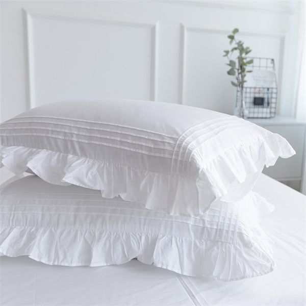 Super venta Funda de almohada blanca Funda de almohada 100% algodón Ropa de cama para el hogar Fundas de almohadas Diseño de volantes pellizcados Fundas de almohada de estilo princesa 201212