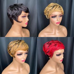 Super septembre pixie coupe fournisseur de perruque ondulée en gros promotion prix bas abordable cheveux humains indiens multicolore en option à vendre