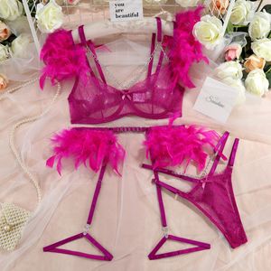 Super sexy lingerie Ultradunne transparante pluim bh-set met kristallen ketting Kanten bh-set Sexy ondergoed