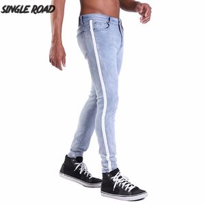 Super singleroad magere mannen Nieuwe Biker Blue Stretch denim broek mannelijke slanke fit heren jeans met zijstrepen merk man 201111 s
