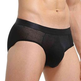 Sous-vêtement confortable super doux Ice Silk Sheer Transparent Mesh Men's Briefs Shorts imprimés Sexy Exotic Low-Waist Underpants G220419