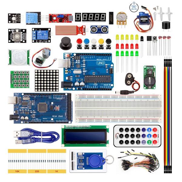 Livraison gratuite Super Kit de démarrage pour carte R 3 Mega2560 avec module de capteur 1602 LCD LED servomoteur relais apprentissage Suite de base