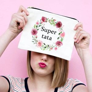 Super Tata Wreath Print Make-up Tas Vrouwen Neceser Cosmetische Zakken Canvas Rits Pouch Reizen Toilettas Organizer Beste Cadeaus voor Tata