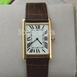 Super Dunne Serie Top Fashion Quartz Horloge Mannen Vrouwen Gouden Wijzerplaat Bruine Lederen Band Horloge Klassieke Rechthoek Ontwerp Jurk Clock237F