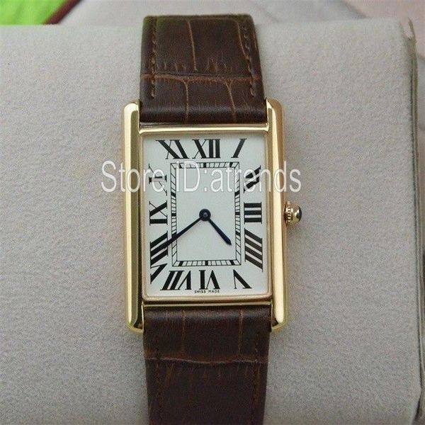Super mince série haut de gamme montre à quartz hommes femmes cadran en or bracelet en cuir marron montre-bracelet classique rectangle conception robe horloge237F