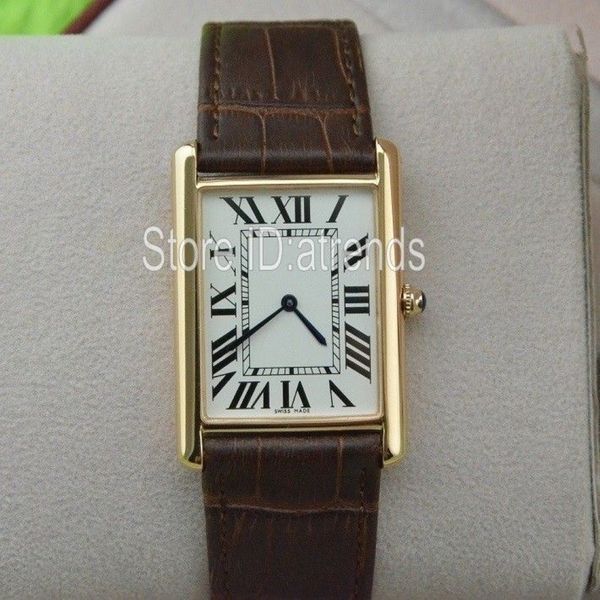 Super mince série Top Fashion Quartz montre hommes femmes dorées cadran en cuir marron bracelet montre la robe de design rectangle classique Clock 298k