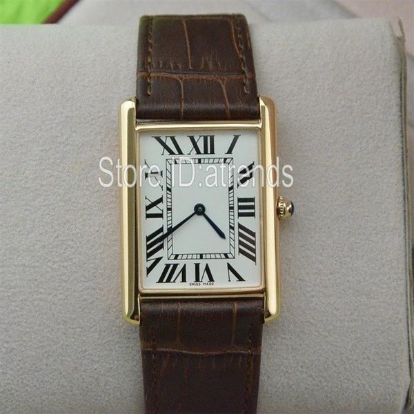 Super mince série haut de gamme montre à quartz hommes femmes cadran doré bracelet en cuir marron montre-bracelet classique rectangle conception robe horloge327x