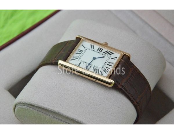 Super mince série haut de gamme montre à quartz hommes femmes cadran en or bracelet en cuir marron montre-bracelet classique rectangle conception robe horloge278e