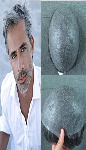 Súper delgado Piel para hombre Toupee Cabello gris ultra completo PU V Loope Toupee Toupee para hombres Sistema de reemplazo de cabello humano 8x10 pulgadas HAI8306018