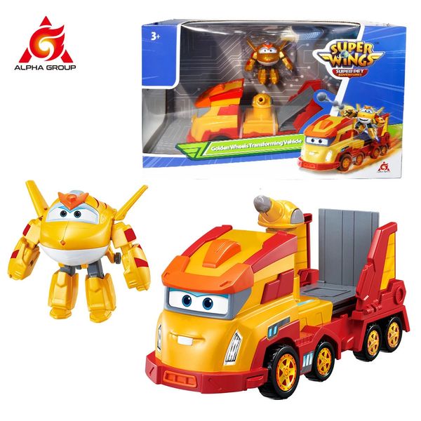 Super Wings Roues dorées transformant le véhicule 3-en-1 Transformation Véhicule Aircraft Track with Mini Golden Boy Anime Kid Toy 240415