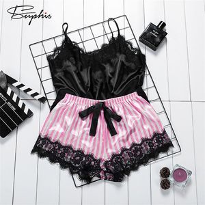 Suphis Satin Noir Camis Top Avec Bow Stripe Shorts Vêtements De Nuit Femmes Pyjama Ensemble Sexy Dentelle D'été Rose Soie Vêtements De Nuit Dames 2020 Y200708