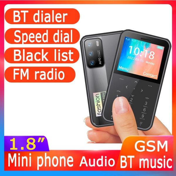 Cena Mini Tarjeta Teléfono móvil Tarjetas SIM duales Voz mágica Marcador BT Lista negra Grabadora de llamadas automática Marcación Bluetooth Despertador Teléfono móvil pequeño