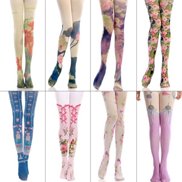 Supplies 140d Stocks d'impression de fleurs mignonnes Lolita Veet Collons japonais Haruku Lolita Pantyhose Fotting Anime Tattoo Pantyhose