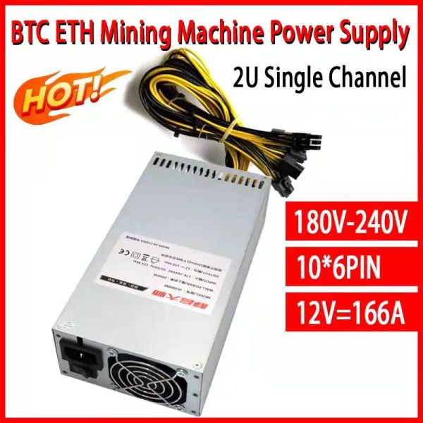 Suministros de 2000W ETH Mining Rig Fuente de alimentación 2U Minero de un solo canal GPU PSU con 10*PCI 6pin y ventilador 80 más el dispositivo minero BTC de oro