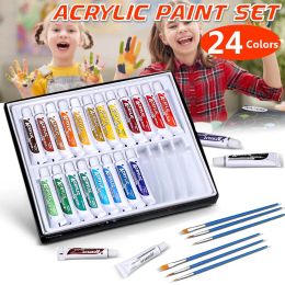 Fournitures 24 couleurs 12 ml Premium 6 pinceaux ensemble de peinture d'artiste acrylique facile à nettoyer sécher rapidement pour toile bois céramique enfants étudiants