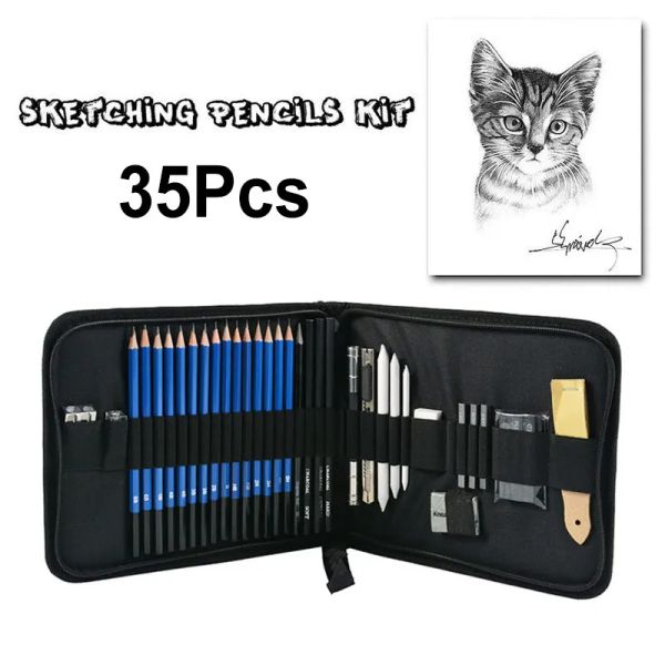 Suministros Juego de 35 piezas Lápices de dibujo de bocetos profesionales Varilla de barra de grafito de carbón Kit completo de arte gráfico para regalo de artista profesional principiante