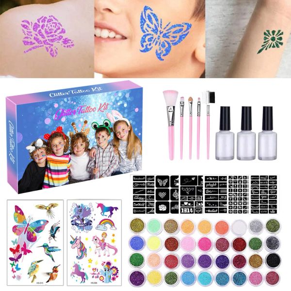 Suministros 36 colores Juego de brillo impermeable 5 cepillos 3 Kit de pegamentos para tatuajes temporales Cuerpo de niños Cuerpo de decoración de bricolaje