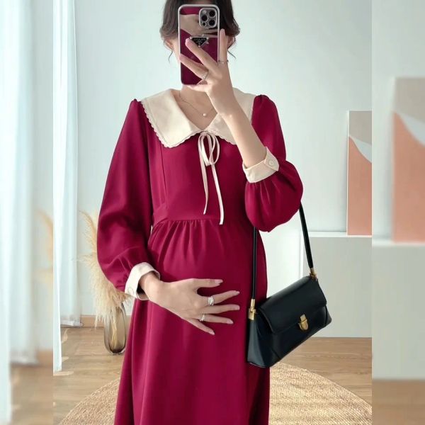 Supplies Automne Winter Style coréen Sweet Long Manched Loose Maternity Robe Elegant Electant Femme Aline Robe Grossesse Vêtements Red