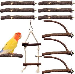 Supplies Bird Parrot Perch Stand Set 10 PCS NATUREL WOOD BOIT PARAKEET STAND BRANCE FRANGE PERCHE PERCHE SÉPONDANT PAW GRINDING Stick Bird Cage ACCES