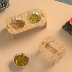 Levert Cat Bowl roestvrij staal verhoogde verhoogde Pet Feeder Water kommen Antileak Nonslip Bamboo Tafel 15 graden kantelveertvoedselcontainer