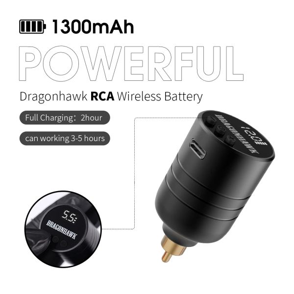 Suministros Dragonhawk B3 batería inalámbrica carga rápida RCA Conector RCA Recargable Fuente de alimentación de la pantalla LCD para el tatuaje Adaptador de máquina rotativa