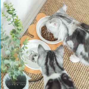 Benodigdheden Highend voerbak Bamboe plank Keramische kattenbakken voor het voeren en drinken Voerbakken voor honden en katten Voerbak Accessoires voor huisdieren