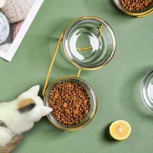 Fournitures pour animaux de compagnie bol en verre avec support en métal et tapis Transparent chaton chiot alimentation Double plat surélevé mangeoire à eau fournitures pour chiens