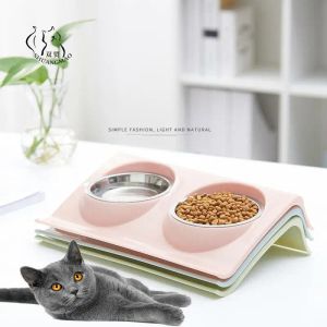 Fournitures pour animaux de compagnie Double bols distributeur d'eau alimentaire en acier inoxydable bol de nourriture pour chat pour chien chiot chats fournitures pour animaux de compagnie plats d'alimentation S/M