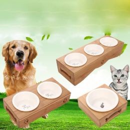 Fournitures pour animaux de compagnie support surélevé bols en céramique pour chiot en acier inoxydable support en bambou nourriture bol d'eau mangeoire chats alimentation chien bol à boire