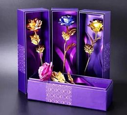 Fournitures plaquées fleur de rose dorée 24 carats, cadeau d'anniversaire de la Saint-Valentin, bouquet de mariage, or bleu rouge avec sac à main violet + boîte de dépôt shi