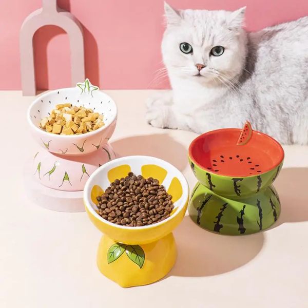 Suministros Tazón elevado para gatos Diseño de frutas Inclinación Fondo alto Plato de alimentación para mascotas Cerámica antideslizante Tazón de comida para gatos Antiasfixia Platos elevados para gatos