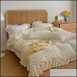 Benodigdheden Textiel Thuis Gardentwin Queen King Size 100% Katoen Ademend Soft Skin-Friendly Beddengoed Set Geel Floral Ruffles Ball Girls D