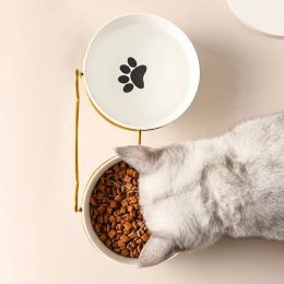 Suministros Ulmpp Cat doble tazón con soporte y estera gatito para mascotas Cerámica de cerámica alimento para alimentar metal alimentador de agua elevado suministros para perros