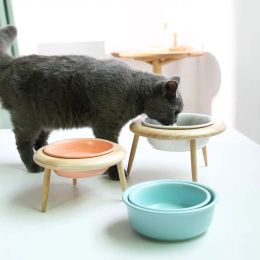 Fournitures Ulmpp Creative UFO Cat Bowl Céramique avec Support en Bois Pet Feeder Élevé Chaton Chiot Nourriture Eau Alimentation Plat Chien Fournitures