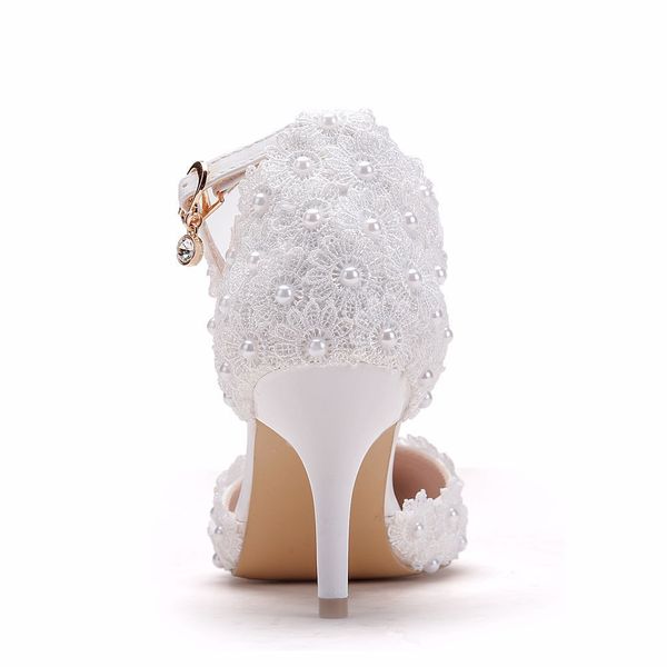 Fournitures Wish Amazon White Lace Wedding Shoes Un mot sangle talon aiguille bout pointu sandales de mariage de mariée 9 cm pompes de mariée weddi3005