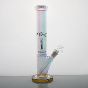 Suministro de cachimba de vidrio que brilla en la oscuridad / Bong de vidrio Ducha Perc Tubo de agua de vidrio de color dorado brillante Bongs de base recta con recipiente de vidrio