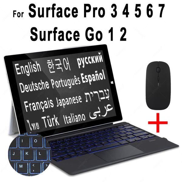 Prise en charge du clavier Bluetooth pour Microsoft Surface Pro 3 4 5 6 7 Go 1 2 clavier sans fil rétro-éclairé arabe hébreu russe espagnol