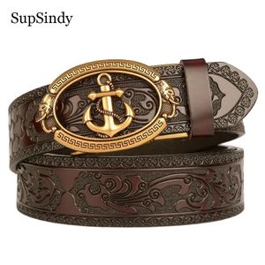 SupSindy hommes ceinture en cuir véritable de luxe or marine métal boucle automatique ceintures en peau de vache pour jean ceinture mâle sangle noir 240109