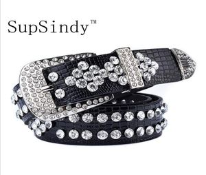 SUPSINDY Women Belt Pin Buckle Luxury Rhinestones Crocodile Pu lederen riemen voor vrouwenkwaliteit vrouwelijke riem voor jeans zwarte S596226090674