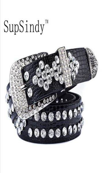 SupSindy femmes ceinture boucle ardillon luxe strass crocodile PU cuir ceintures pour femmes qualité femme sangle pour jean noir S596225300141