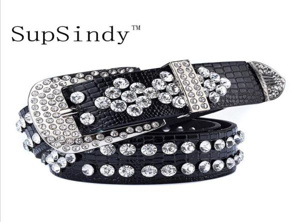 SupSindy femmes ceinture boucle ardillon luxe strass crocodile PU cuir ceintures pour femmes qualité femme sangle pour jean noir S596225393180