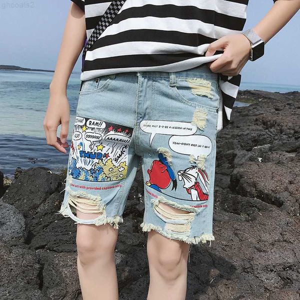 Supzoom Arrival Fashion Animation Cartoon Print Light Ulzzang Summer Zipper Fly Stoashed Jeans Shorts Men 220711 TMIP