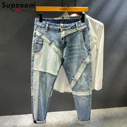 Supzoom Collectie Top Mode Herfst Rits Opgestopt Casual Patchwork Cargo Denim Zakken Katoen Jeans Mannen 240104