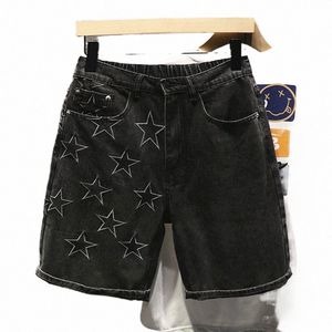 Supzoom Nouveau arrivée Fi Summer Casual Cargo High Street Vibe Style Black Wed Star Broidered Side Denim Jeans Shorts Men Y4O6 # #