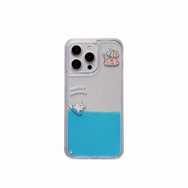 Summer Surfing Dog Chilos y fundas para iPhone 15 Plus 14 Pro Max 13 12 11 Cartoon linda y encantadora PC dura acrílico suave tpu líquido bling celular nadando