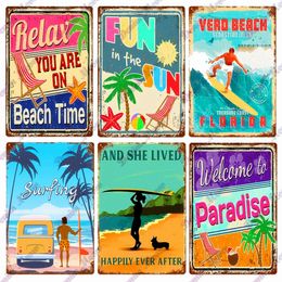 Cartel de surf pintura Vintage Beach Time Metal Tin Sign Summer Party Place Plates Relax Metal Wall Sign Pub Shed Sign Happy Place decoración personalizada Tamaño 30X20 w02