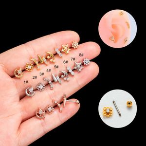 Chirurgisch roestvrij staal Helix kogelomloopspindel Studs Oorbel Oorring Nieuwe dunne staaf Dubbele schroef Kubieke zirkonia Kleine bloemstekers Kraakbeenpiercing Lichaamssieraden Bijoux