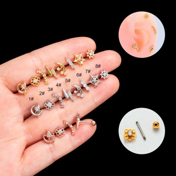 Chirurgical en acier inoxydable Helix boule vis goujons boucle d'oreille anneau d'oreille nouvelle tige mince Double vis cubique Zircon petites fleurs goujons Cartilage Piercing Bijoux de corps Bijoux